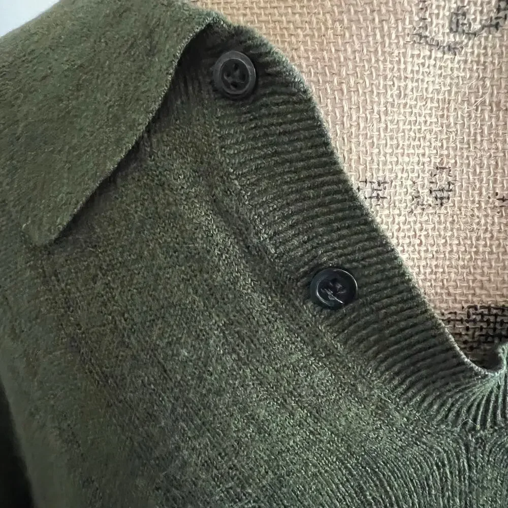 Vintage 90s Olive Button Collar Sweater Mens L Polo Cozy Minimalist
